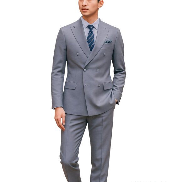Solid Mid Grey Double Breasted 2 Piece Tailored Fit Azzuro Men's Suit - Picture 1 of 1